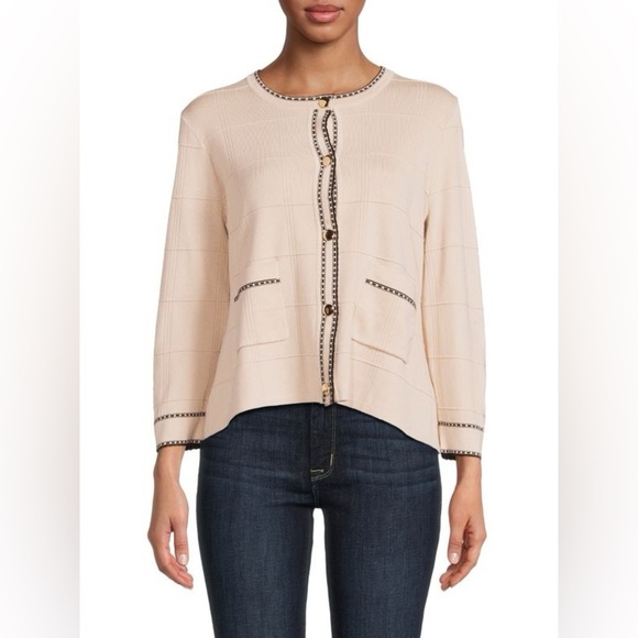 Adrianna Papell Beige Check Tipped Cardigan Contrast Black Trim & Gold Buttons - Picture 1 of 8